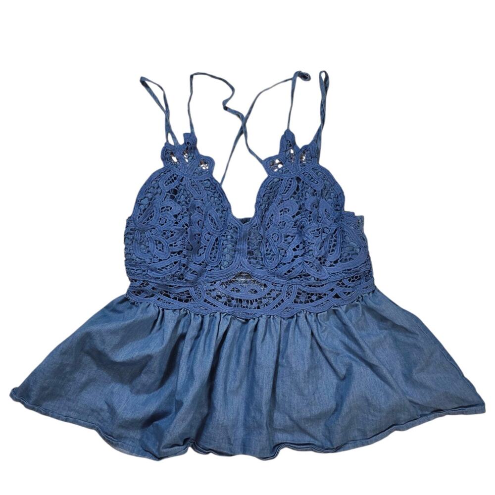 MAIN STRIP Crotchet Lace Tank Top Large Strappy Blue Babydoll Boho Cowgirl